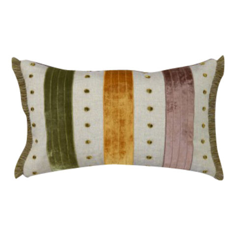 Cojín de Terciopelo Rayado con Flecos Verdes, Reverso de Lino Liso, 30 x 50 cm for sale at factory direct price