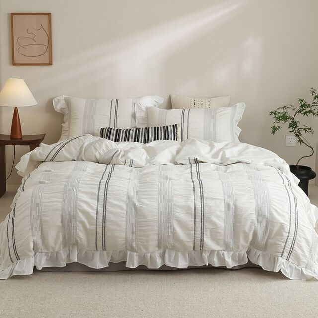 Edredón Boho con Volantes para Cama Queen, Funda Nórdica Azul Rayada, Juego de Ropa de Cama Suave Estilo Shabby Chic Seersucker con Cierre de Cremallera for sale at factory direct price