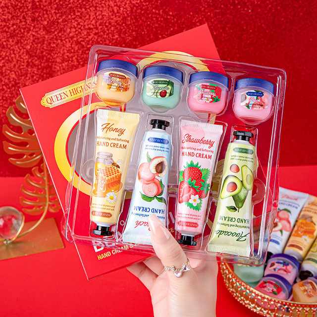 Set Cadeau Crème Mains & Baume à Lèvres Marque Blanche - Avocat, Pêche, Fraise, Miel Boîte Cadeau Nourrissante