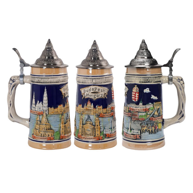 Chopes à Bière Allemandes en Céramique Style Européen avec Armoiries en Étain et Couvercle