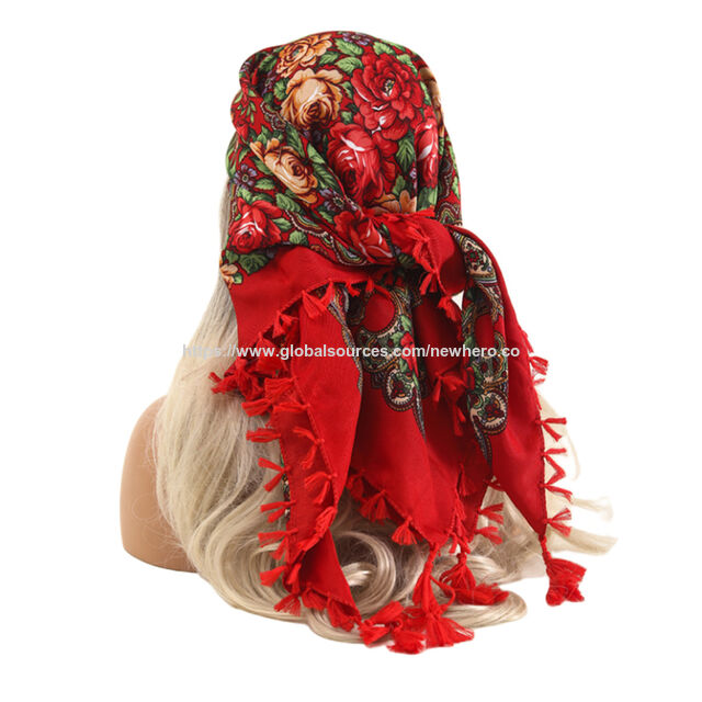 Pañuelo de cabeza estampado para mujer, estilo árabe, con flecos de nudo de escoba vintage, bufanda cuadrada multiusos al por mayor, Hiyab para mujer for sale at factory direct price