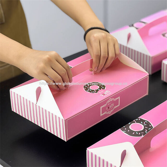 Boîte à Beignets Personnalisée avec Poignée pour Café et Boulangerie, Boîte Cadeau en Papier de Boulangerie Durable et Résistant à la Graisse pour Emporter