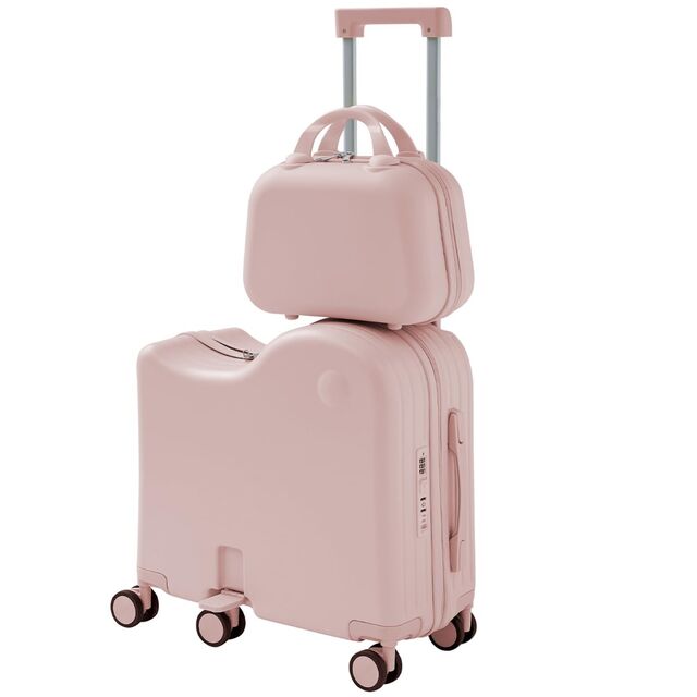 Maleta de Montar para Niños con Bolsa Portátil, Maleta de Cabina Rígida con Portavasos Oculto, Pedal Plegable