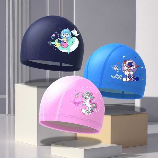 Gorro de natación infantil con diseño de dibujos animados, impermeable, protección para los oídos, gorro de natación de PU para niños y niñas for sale at factory direct price