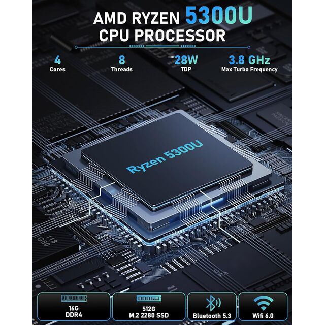 Mini PC Ryzen 5300U 16GB RAM 512GB NVMe SSD Radeon Vega 8 Dual 2.5GbE LAN WiFi 6 BT 5.3 Tiga Layar 4K Win 11 Pro Gamer