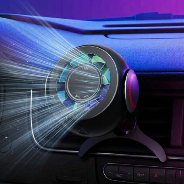 مروحة سيارة USB صغيرة مع أضواء LED وحامل هاتف مغناطيسي