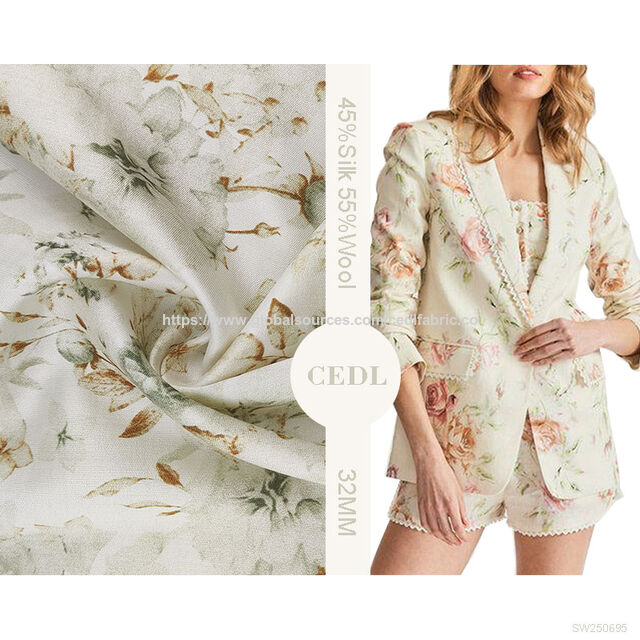 Tecido de Mistura de Seda e Lã 32MM (45% Seda, 55% Lã) com Estampa Floral em Aquarela, Têxtil Tecido para Fabricação de Ternos e Vestuário Feminino for sale at factory direct price