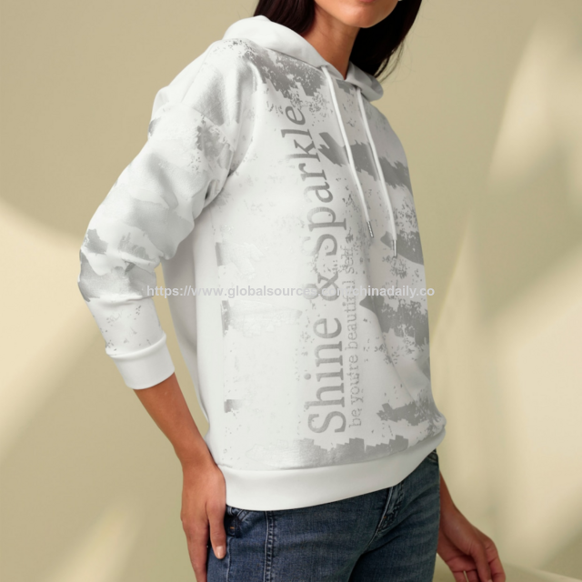 Sudadera con Capucha para Mujer con Estampado de Foil Plateado / Venta al por Mayor / OEM / ODM