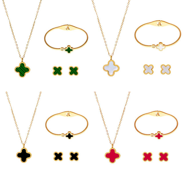 Schmucksets aus Edelstahl, Vierblättriges Kleeblatt-Set aus Edelstahl, vielseitige Moden-Halskette, Armband und Steckerohrringe for sale at factory direct price
