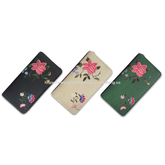 PU-Geldbörse mit Blumenstickerei und umlaufendem Reißverschluss for sale at factory direct price