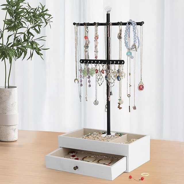Support de Bijoux Arbre à Bijoux en Bois à 3 Niveaux avec Boîte à Tiroir pour Bracelets et Boucles d'Oreilles - Thème Triple Lune