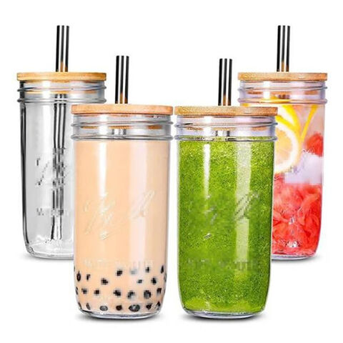 Thick Glass Milk Tea Cup with Bamboo Lid for sale at factory direct price