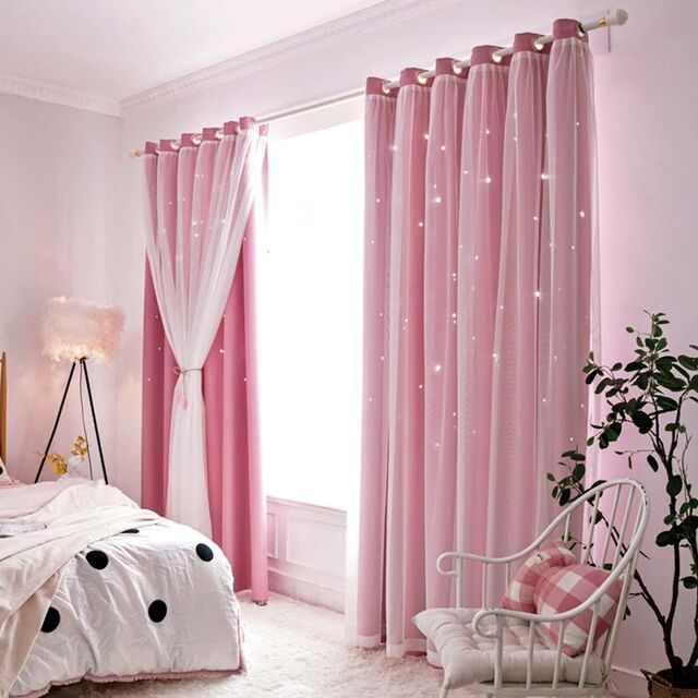 Hollow star curtains, lace curtains, dreamy princess high blackout double-layer curtains, finished products for sale at factory direct price