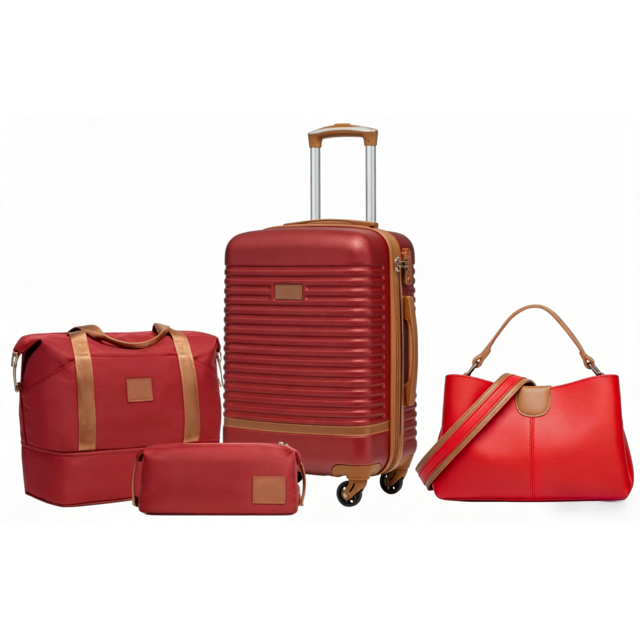 Travelnota Luxus 4-teiliges Reise-Set in Rot & Braun (mit Koffer, Tragetasche, Handtasche & Pochette)