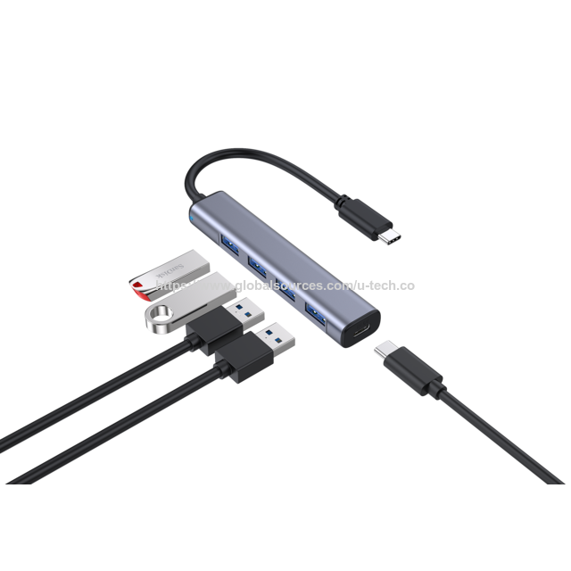 Proveedor Confiable Hub USB 3.0 de 4 Puertos de Aluminio 5Gbps Adaptador Conector Multi-puerto de Alta Velocidad Divisor con Cable USB-C para Portátil PC for sale at factory direct price