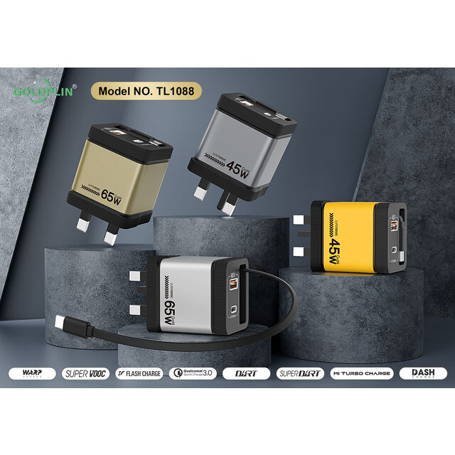 Cargador GaN Goldplin TL1088 UK PIN PD/QC/PD+QC 65W/45W/35W con cable de extensión, cabezal de carga rápida, carga más rápida y segura, OEM for sale at factory direct price
