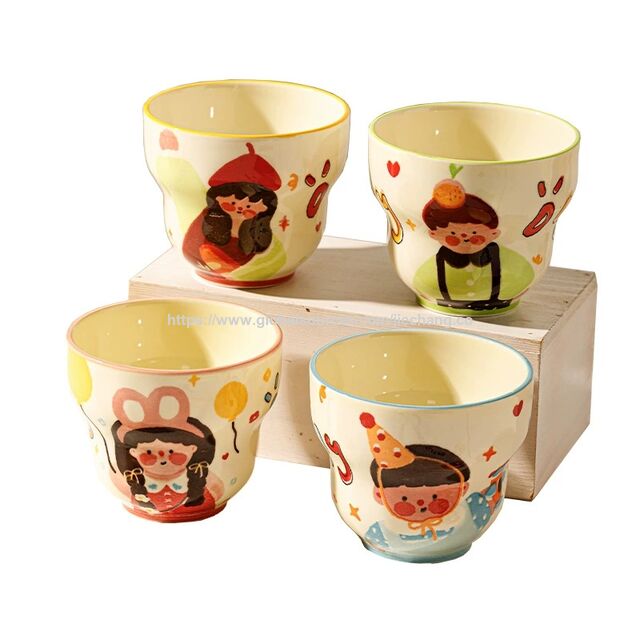 High-Appearance Cute Cartoon Ceramic Mugs for Family of 4 Kids Breakfast Cups Parent-Child Household Water Mugs