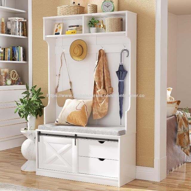 Meuble Multifonctionnel pour Hall d'Entrée et Salon, Armoire Autoportante en Bois avec Banc de Rangement, Porte-Manteaux et Patère - Fabricant