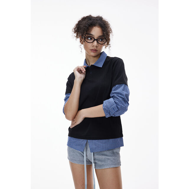 Blusa informal de manga larga con cuello a cuadros, polo de dos piezas extragrande para mujer for sale at factory direct price