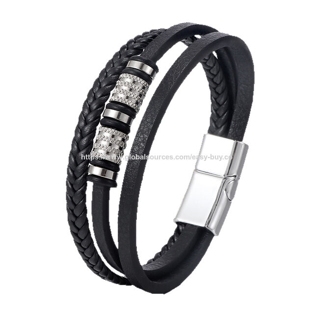 Pulseiras de Couro Multicamadas Tecidas à Mão, Liga de Zinco for sale at factory direct price