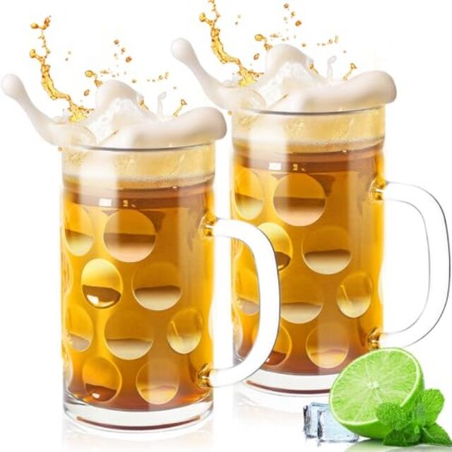 Chopes à Bière de 20 OZ, Grands Verres à Bière Allemands Transparents avec Poignée pour Hommes, Ensemble de 2 Chopes en Verre à Pois Ondulés for sale at factory direct price