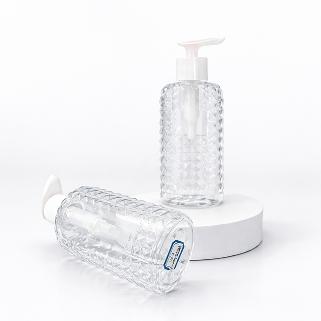 Botella de Bomba Cosmética PETG de 450ml con Patrón de Diamante Personalizado para Envases de Loción para el Cuidado de la Piel