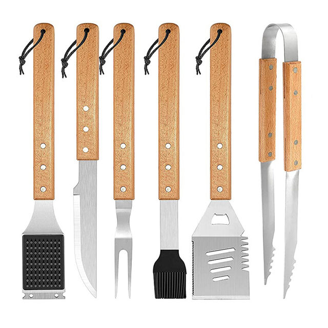 Ensemble d'Outils de Grillade avec Manche en Bois, Accessoires BBQ, Spatule Durable en Acier Inoxydable, Pinces, Brosse de Nettoyage