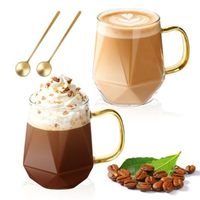 Ensemble de 2 Tasses à Café en Verre de 12 oz (350 ml) pour Boissons Chaudes/Froides avec Poignées et Cuillère for sale at factory direct price