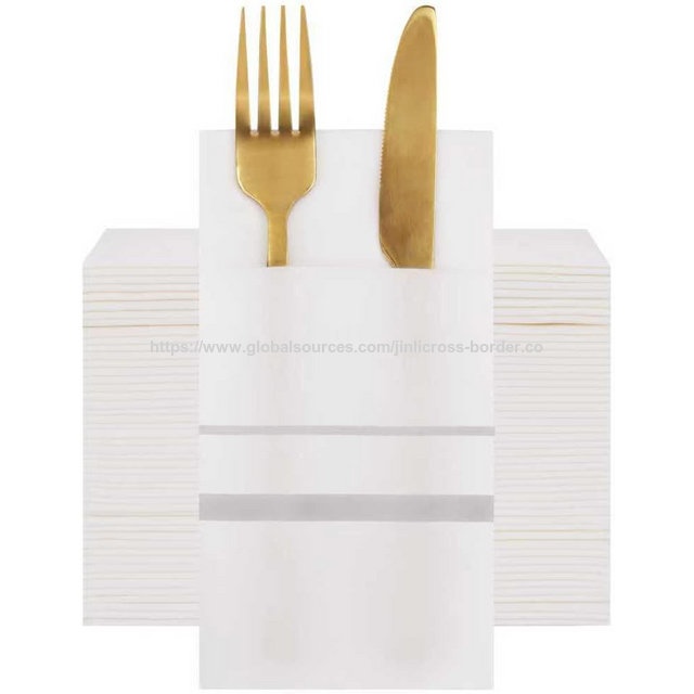 Servilletas Desechables Tipo Tela con Bolsillo Integrado para Cubiertos, Servilletas con Tacto de Lino y Línea Plateada Recta, Preplegadas para Cubiertos