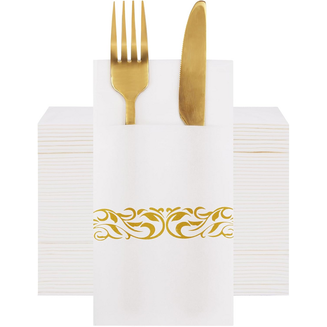 Servilletas Desechables Tipo Tela con Bolsillo Integrado para Cubiertos, Servilletas Blancas con Tacto de Lino y Diseño Dorado, Preplegadas para Cubiertos