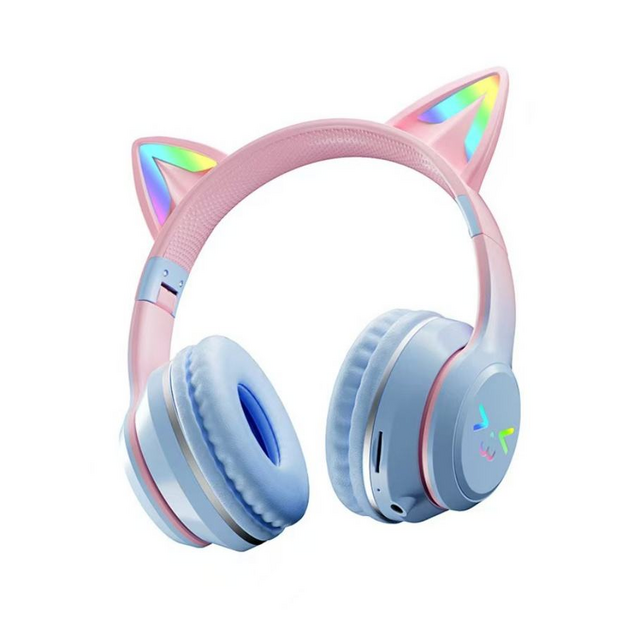 Headphone Bluetooth LED RGB Telinga Kucing Imut, Headset Nirkabel Over-Ear dengan Mikrofon, Headphone Stereo Lipat untuk Anak Perempuan, Gaming