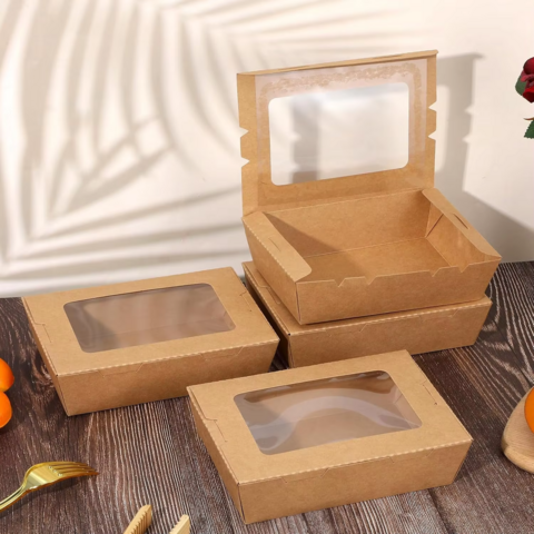 Caixa Dobrável para Levar de Papel Kraft Marrom Personalizada, Embalagem de Alimentos Reciclável para Fast Food Recém-Chegada com Janela for sale at factory direct price