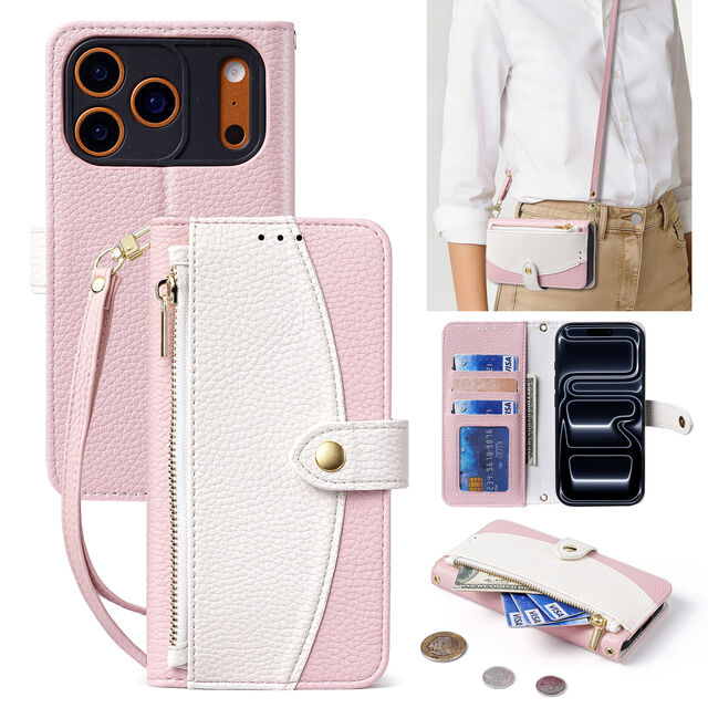 Capa carteira transversal para iPhone 17 Pro Max, bolsa com zíper em couro PU, capa flip com porta-cartões e alça de pulso