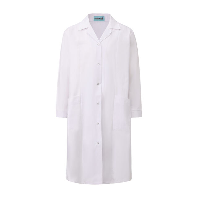 Veste d'uniforme de travail personnalisée pour femme, col châle, boutons sur le devant, manches longues avec poignets, couture française, poches avant et arrière.