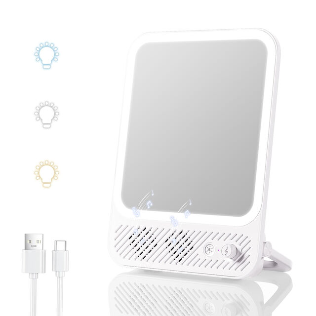 Espelho de Maquiagem LED Dimmable com Três Temperaturas de Cor e Alto-falante Sem Fio, Espelho de Vaidade de Mesa/Montado na Parede Recarregável por USB for sale at factory direct price
