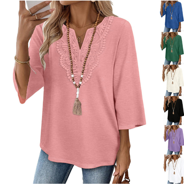 T-shirt ample pour femme à manches trois quarts, couleur unie, col en V avec broderie en dentelle for sale at factory direct price