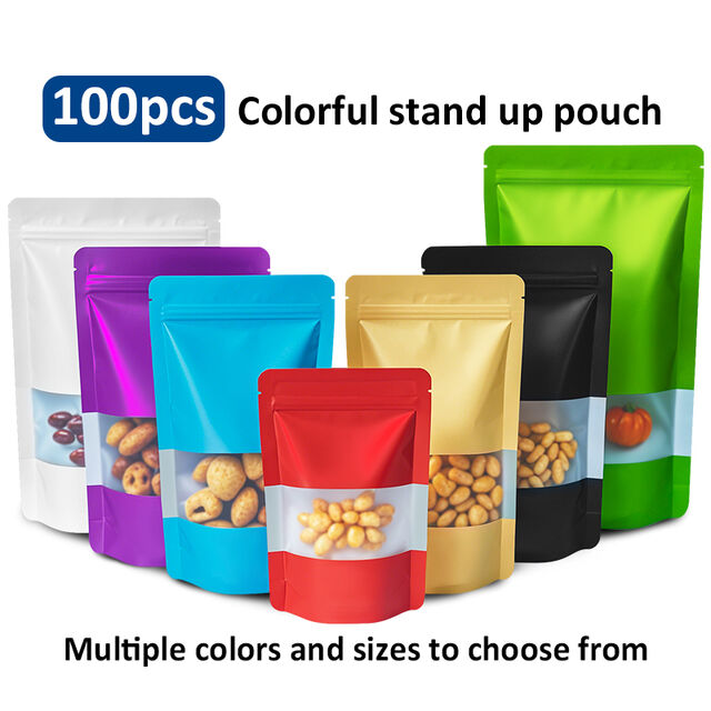 Standing pouch dengan ritsleting, metalized, luar matte, Warna: Putih, ungu, biru, merah, emas, hitam, hijau