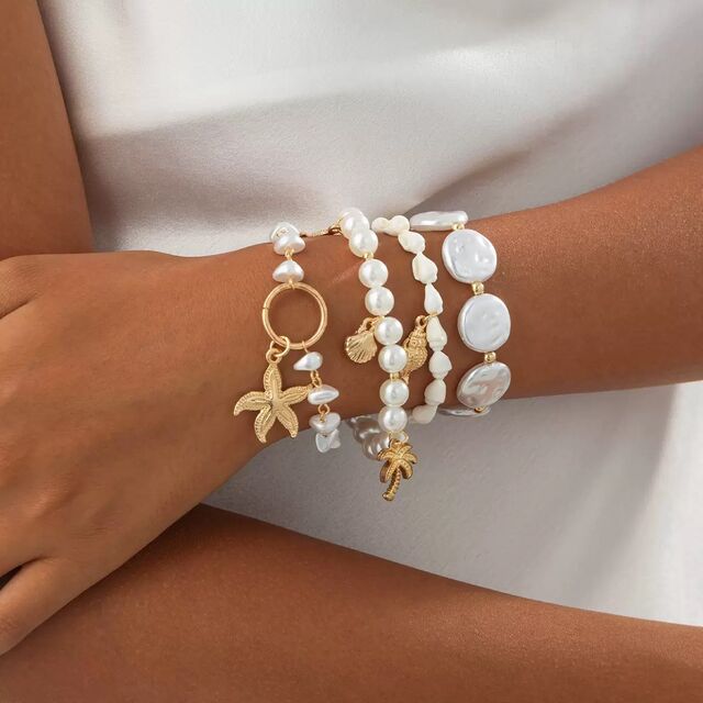Pulsera de Abalorios Barroca Francesa al por Mayor, Colgante de Estrella de Mar y Concha Oceánica, Joyería de Moda para Mujer para Fiestas Diarias
