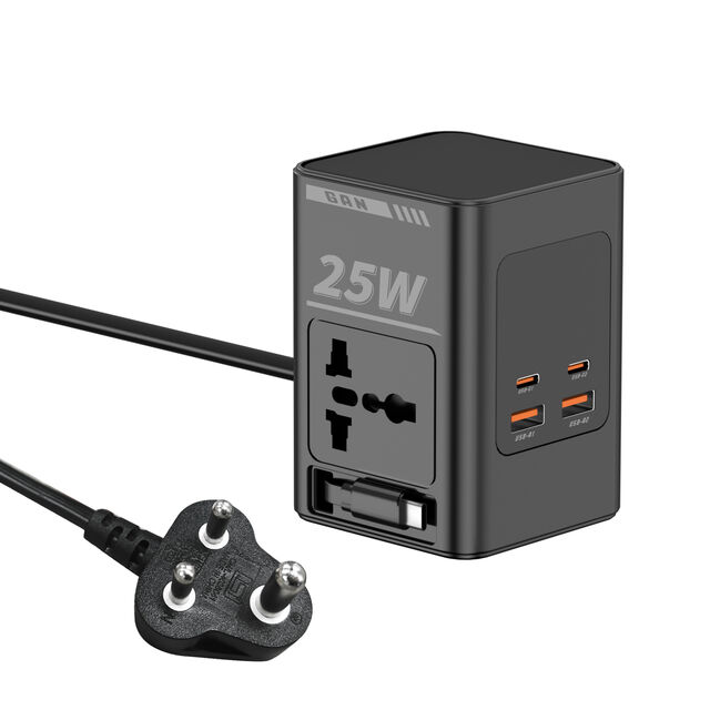 Estação de Energia de Mesa GaN de 25W a 65W, Estação de Carregamento USB GaN 7 em 1 com Cabo de Extensão de 4 Carregadores USB e 2 Tomadas