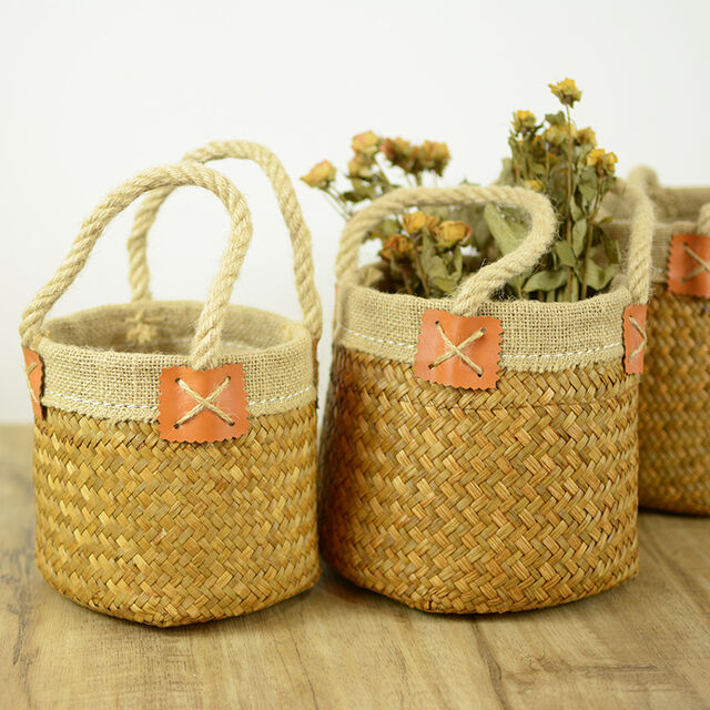Panier de Rangement en Herbes Marines à Rayures OEM/ODM, Panier Ventre Naturel en Herbes Marines Artisanales, Paniers Tissés à la Main en Herbes Marines for sale at factory direct price