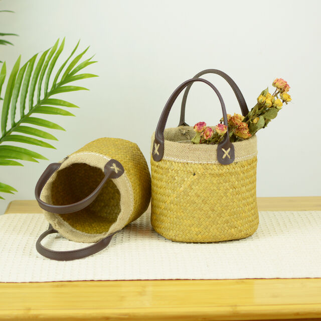 Panier écologique en herbe marine tissé à la main, support avec poignées style classique, paniers tissés en herbe marine faits à la main for sale at factory direct price