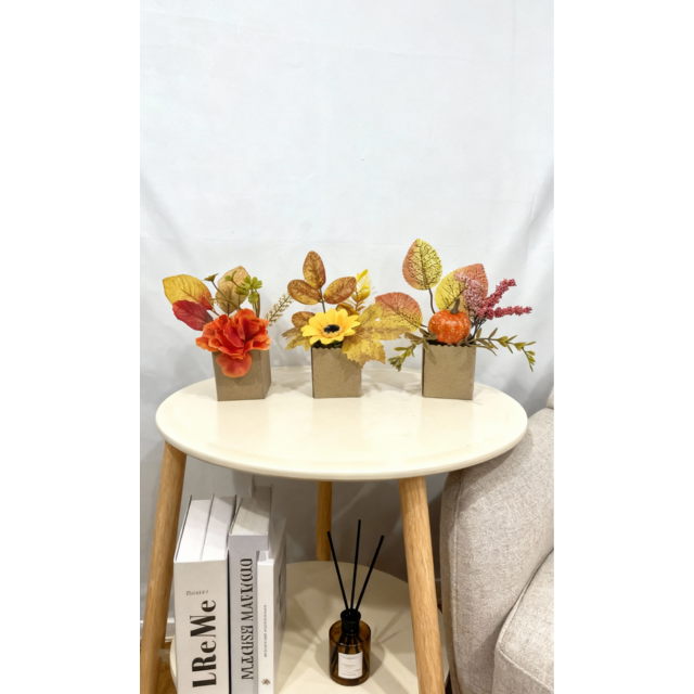 Set de Flores Artificiales Otoñales (3 Piezas, Maceta Rústica de Papel)