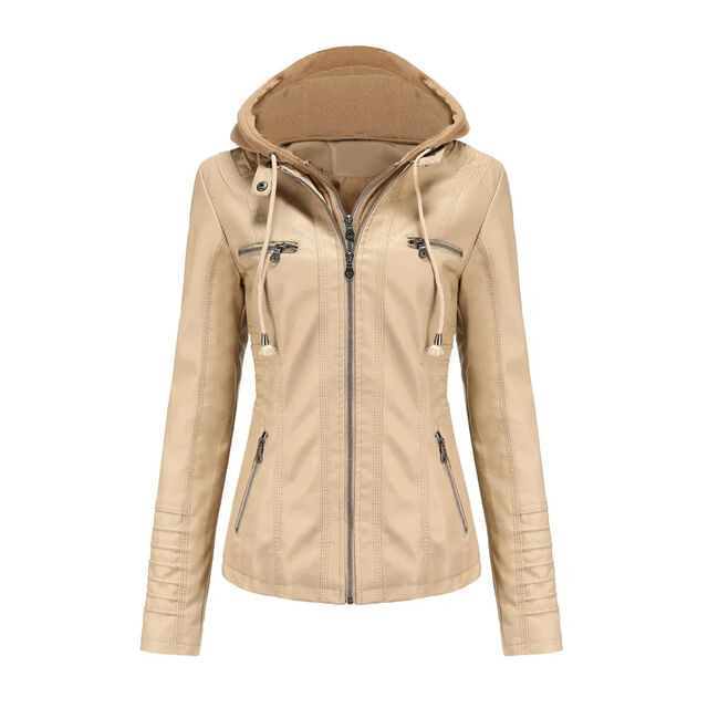 Leder-Motorradjacke für Damen - Active Wear, Wintertauglich, Atmungsaktiv, Knitterfrei, Wasserdicht, Umweltfreundlich, Beige, Leichtes PU