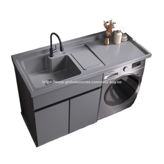 Móvel de lavanderia em alumínio espacial para varanda, combinação de gabinete integrado para máquina de lavar, pia companheira de tambor com tanque de lavagem