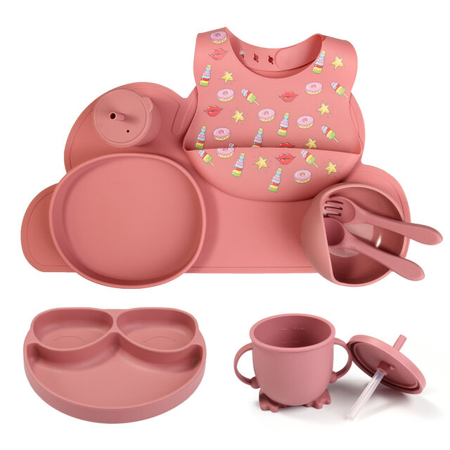Ensemble d'alimentation en silicone sans BPA pour tout-petits, 5 pièces, motif dinosaure, avec bol à ventouse et cuillère pour 0-12 mois, lavable au lave-vaisselle