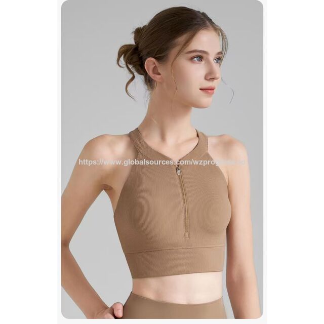 Sujetador Deportivo Cómodo de Longitud Media, Khaki, Spandex y Nylon, Transpirable, Ajuste Sólido for sale at factory direct price