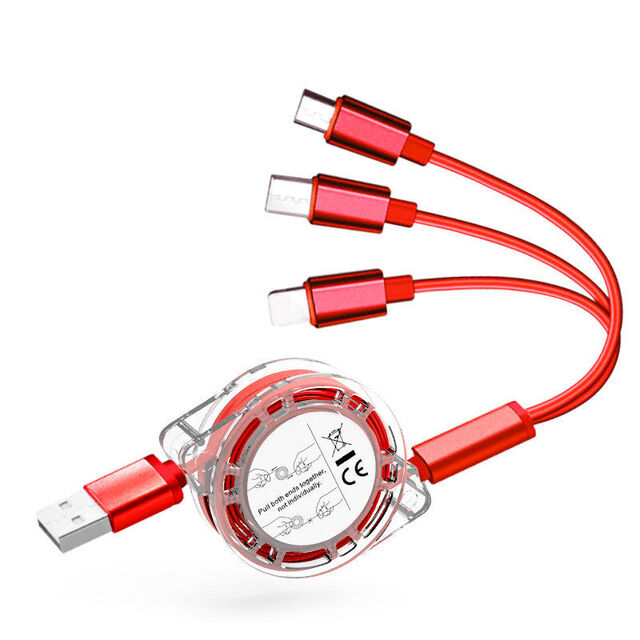 Werbeartikel 3-in-1 USB-Einziehkabel mit individuellem Logo, 3-in-1 Ladekabel, einziehbares Ladekabel 3-in-1 mit C-Option