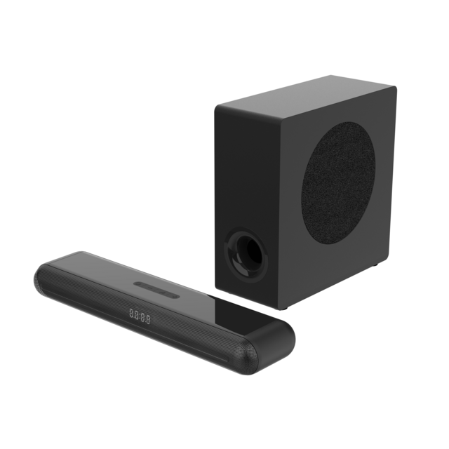 Nueva y conveniente barra de sonido delgada 2.1CH de 80W con subwoofer cableado para uso doméstico y de oficina