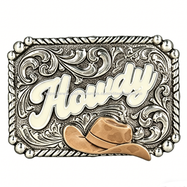 Hebilla de Cinturón Occidental de Aleación de Zinc Personalizada, Diseño de Sombrero de Vaquero con Esmalte Suave, Acabado Impreso Troquelado y Grabado Plateado Antiguo