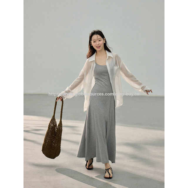 Robe d'été moulante, couleur unie, mi-longue, tricot ajusté à la taille